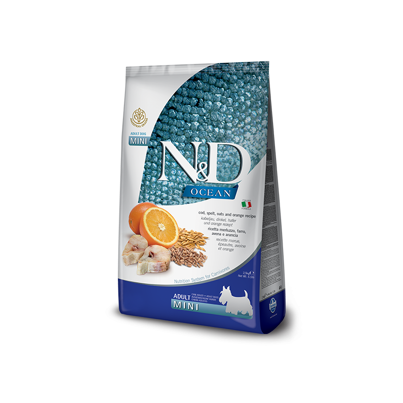 N&D OCEAN LOW GRAIN ADULT MINI KG 2,5 MERLUZZO AVENA FARRO E ARANCIA 