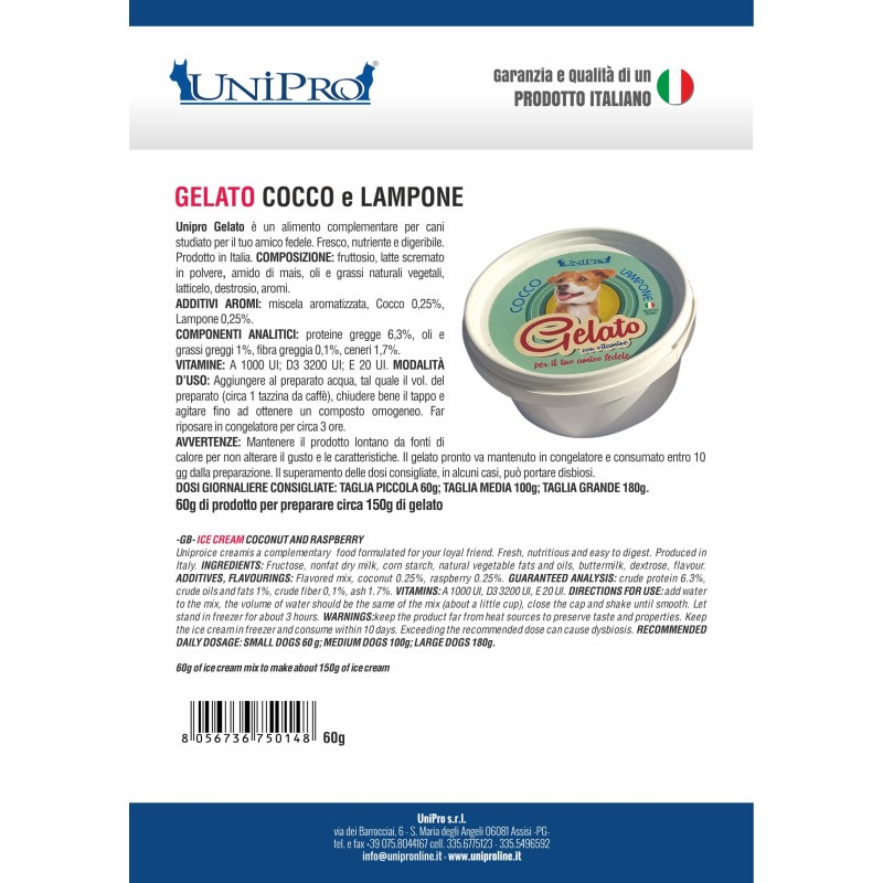 UNIPRO GELATO PER CANE GR 60 COCCO E LAMPONE